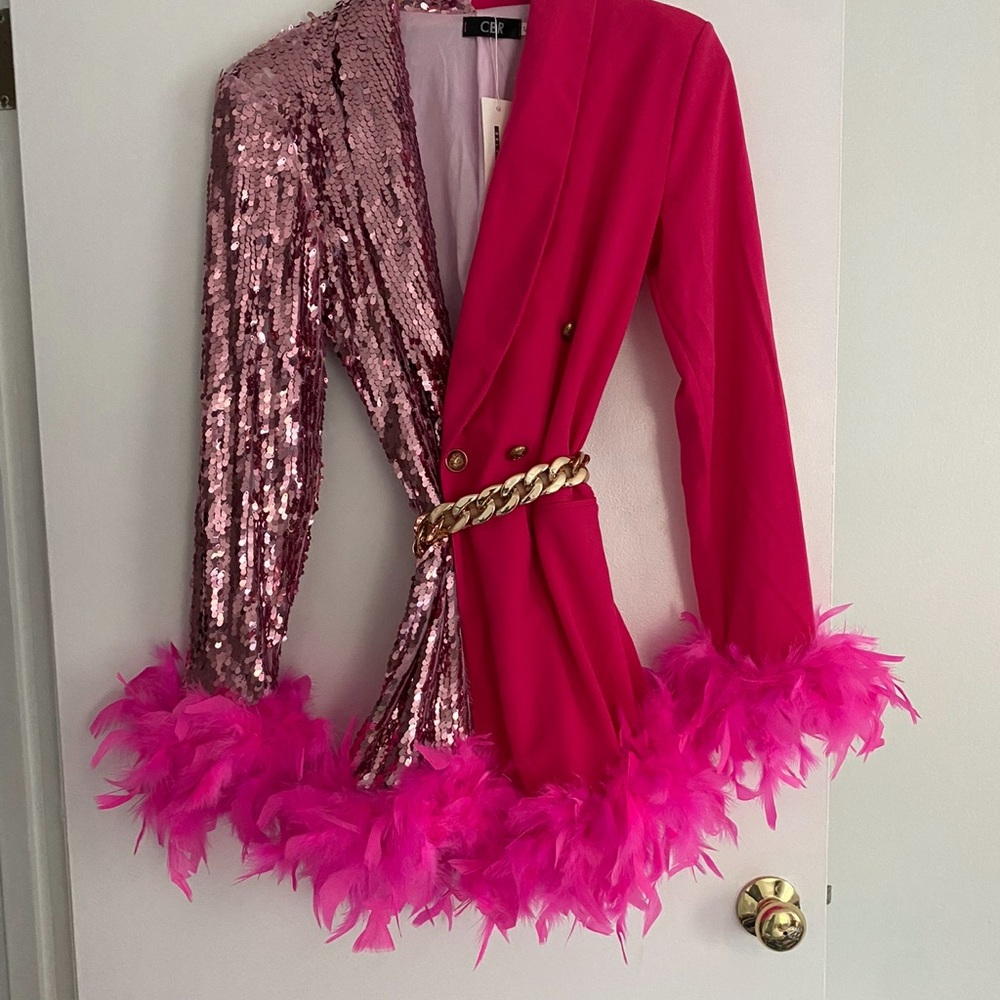 Blazer Vibrant Pink Sequin Blazer with Feather Trim - Picture 1 of 10
